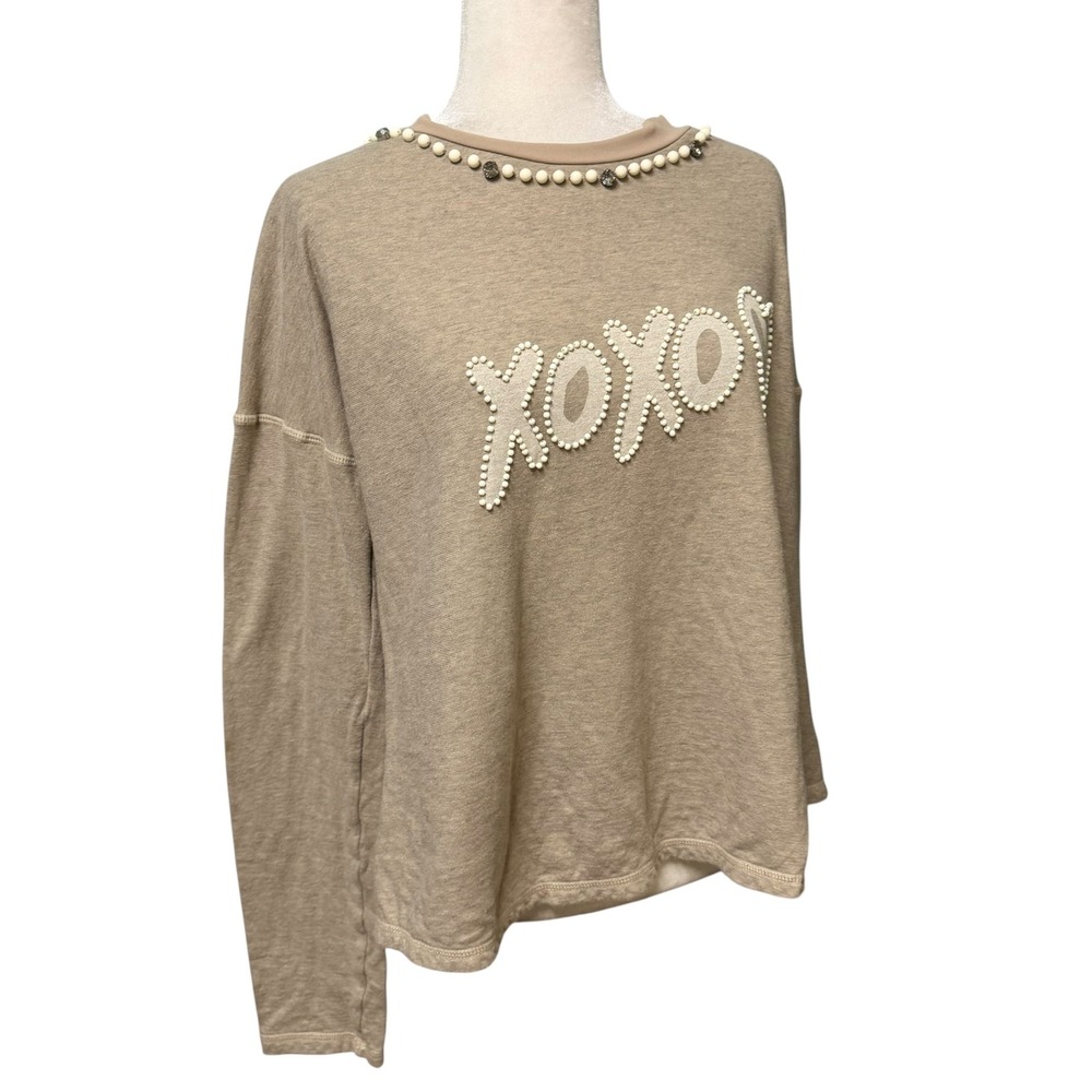 Twin-Set Simona Barbieri Top Womens M Tan XOXO Beaded Heart Made in Italy Relax